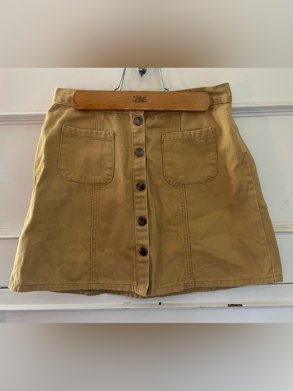 BDG Button-Front Mini Skirt in Tan